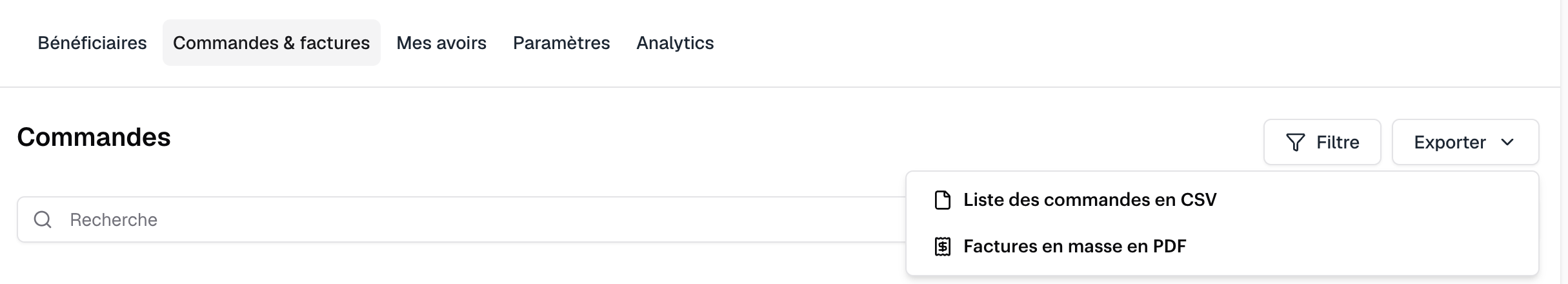 Bulk invoice export button in the Swile admin area