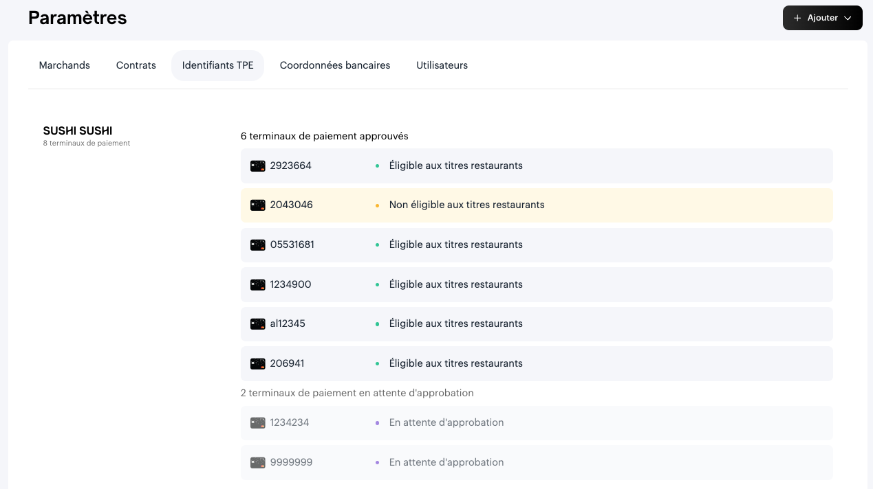 Capture d'écran espace affilié - ajout identifiant TPE