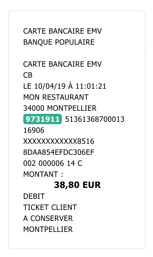 Example of a card payment receipt with TPE ID