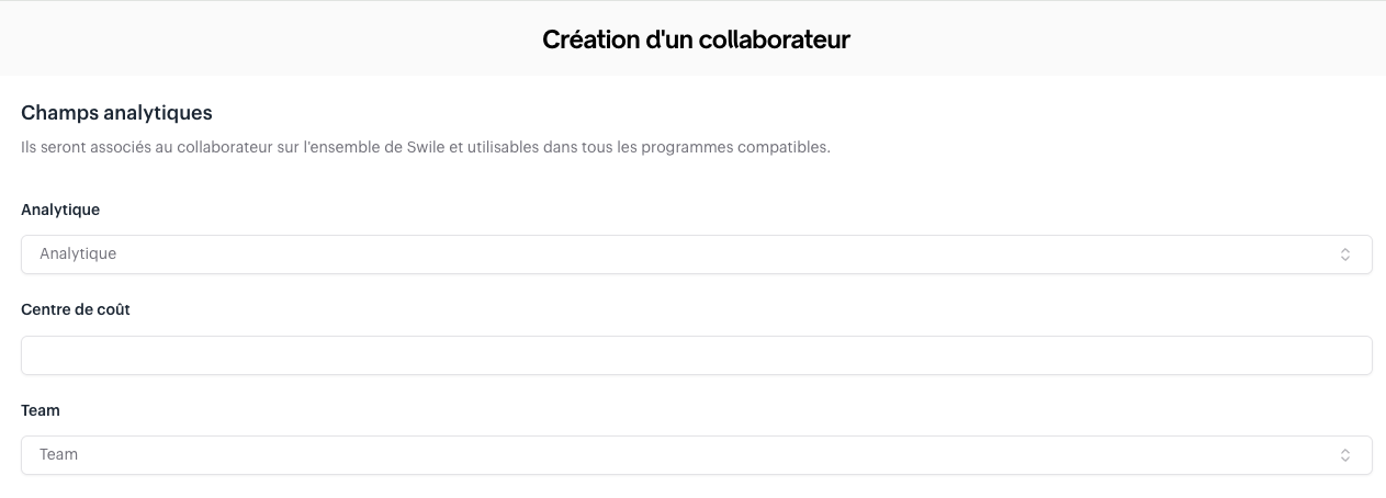 Saisie des champs analytiques d'un collaborateur sur Swile Travel