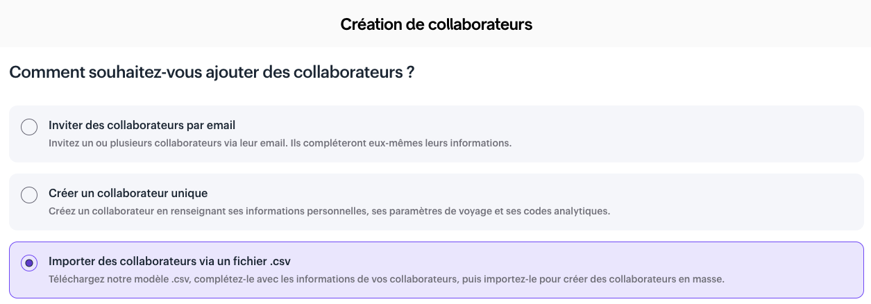Bouton Importer des collaborateurs via un fichier .csv sur Swile Travel