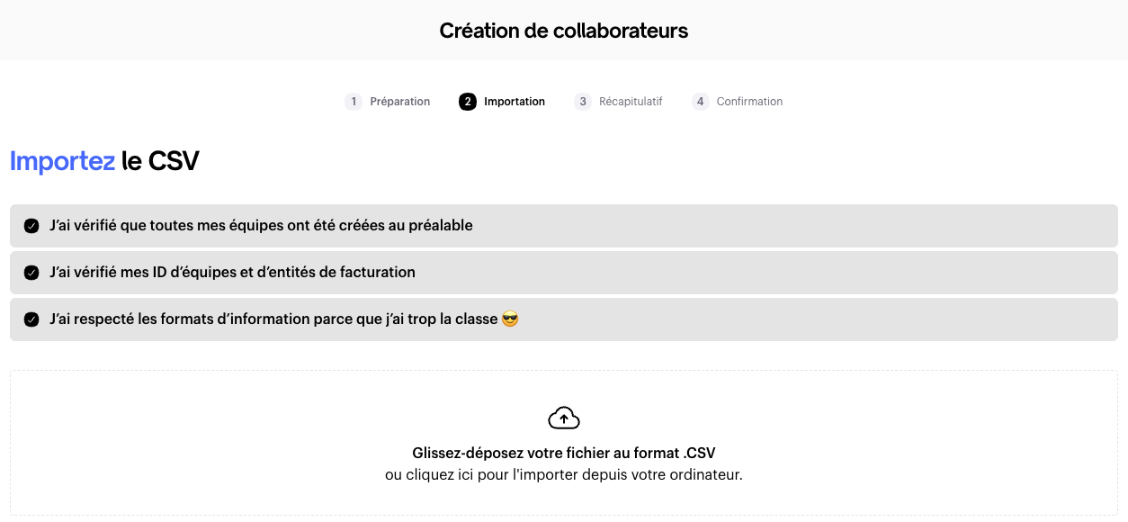 Étape de double vérification avant de finaliser l'import CSV des collaborateurs sur Swile Travel