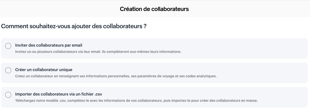 Écran Swile Travel proposant d'inviter des collaborateurs par email, de créer un collaborateur unique ou d'importer plusieurs collaborateurs via un fichier CSV