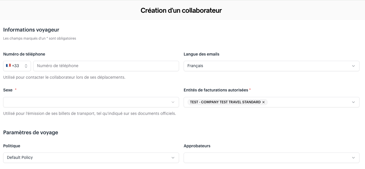 Sélection de la politique voyage et de l'approbateur lors de la création d'un collaborateur Swile Travel
