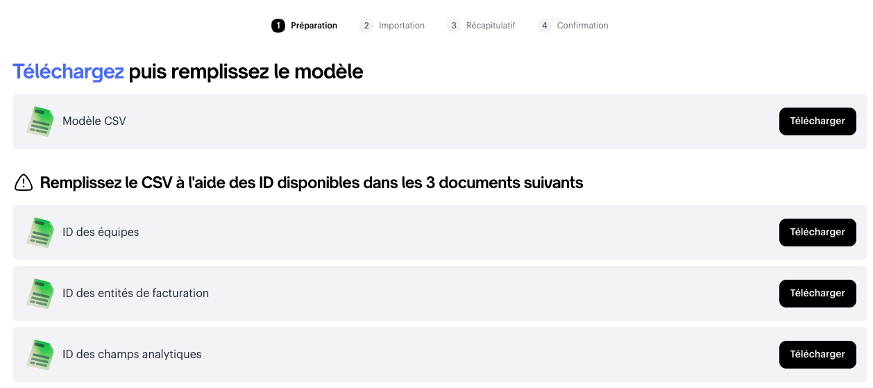 Téléchargement du modèle CSV et des documents d'aide au remplissage sur Swile Travel