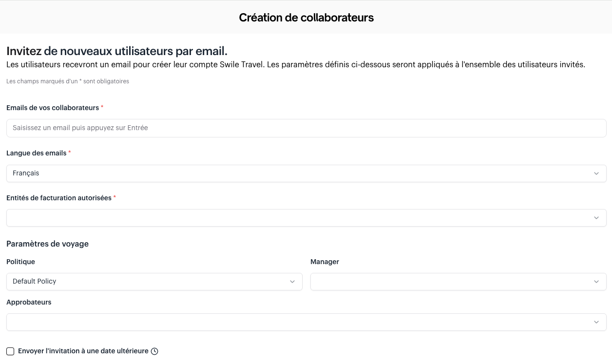Option d'envoi d'une invitation à une date ultérieure sur Swile Travel