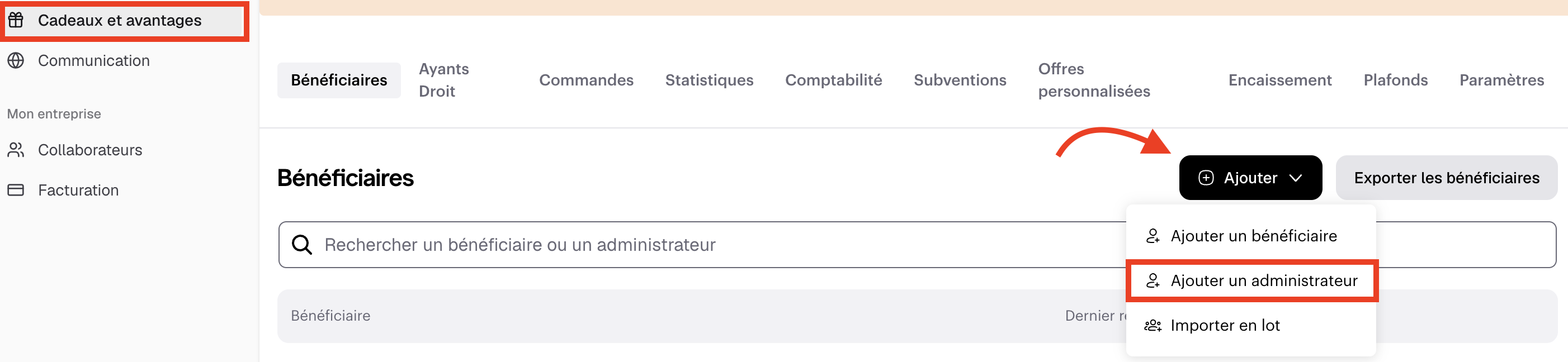 Bouton Ajouter un administrateur dans la liste des bénéficiaires de l'espace Cadeaux et avantages