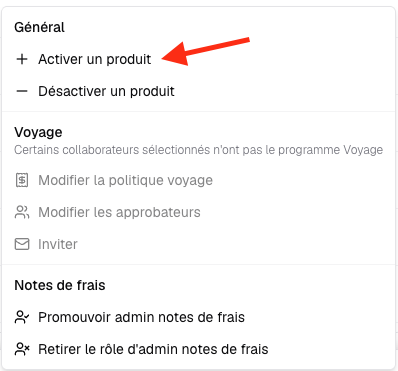 Menu Activer un produit dans l'éditeur en groupe Swile Travel