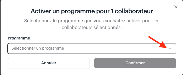 Menu déroulant de sélection du programme Swile