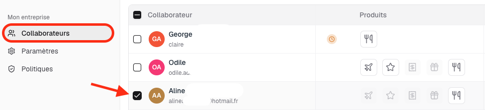 Checkbox in front of the colleague's name in the Swile Travel list