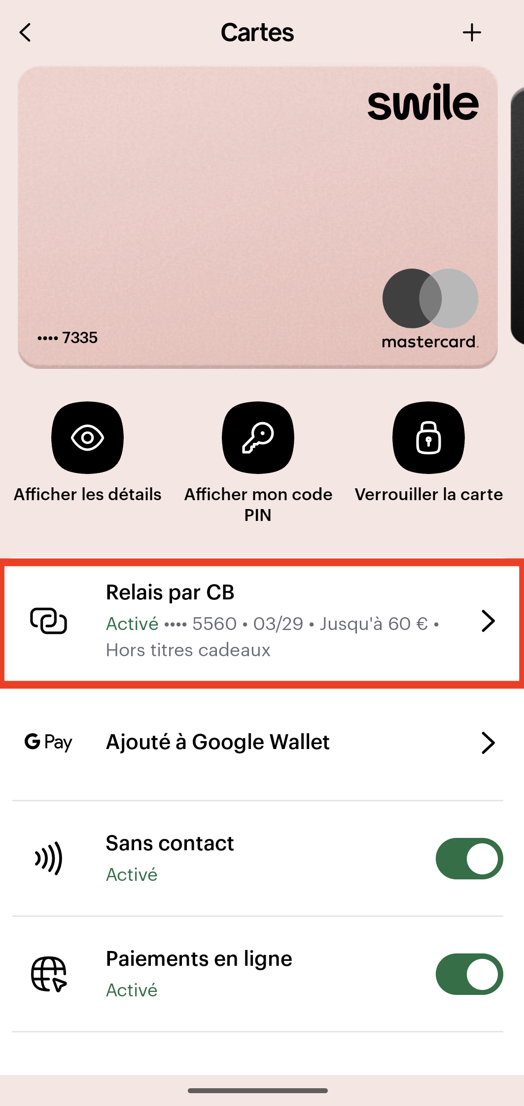 Écran Relais par CB de la carte Swile dans l'application Swile