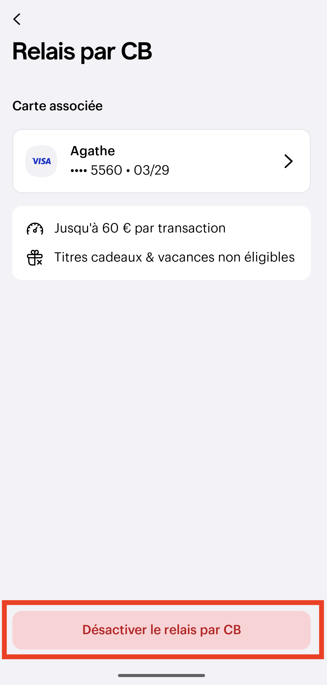 Bouton Désactiver le relais par CB dans l'application Swile