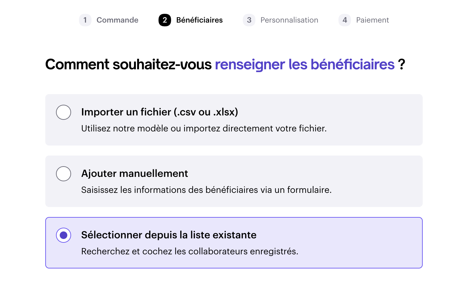Ajout des bénéficiaires lors d'une commande de titres cadeaux Swile