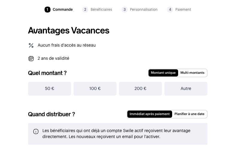 Sélection du montant unitaire d'une commande d'Avantages vacances Swile
