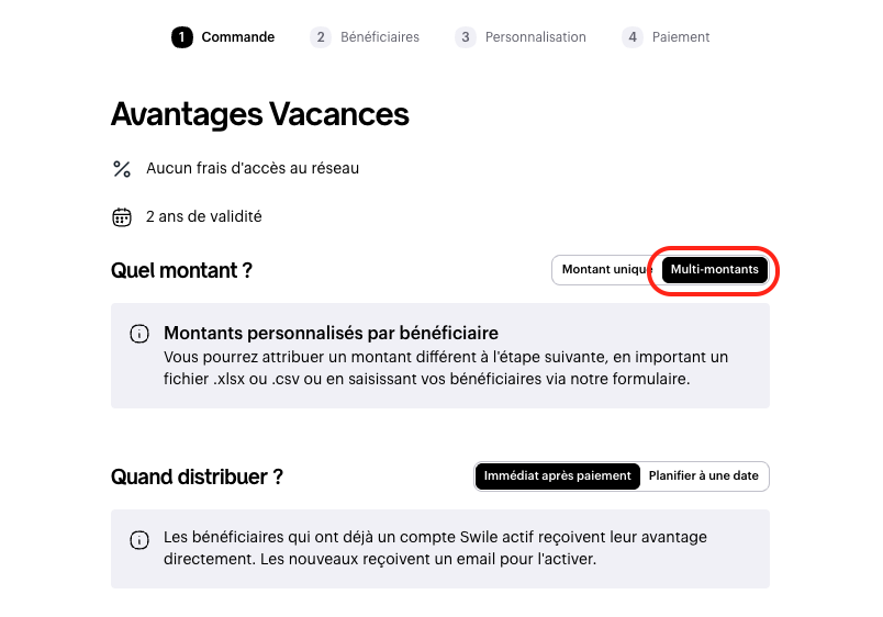 Cambio a modo multi-importes para un pedido de Ventajas vacaciones Swile