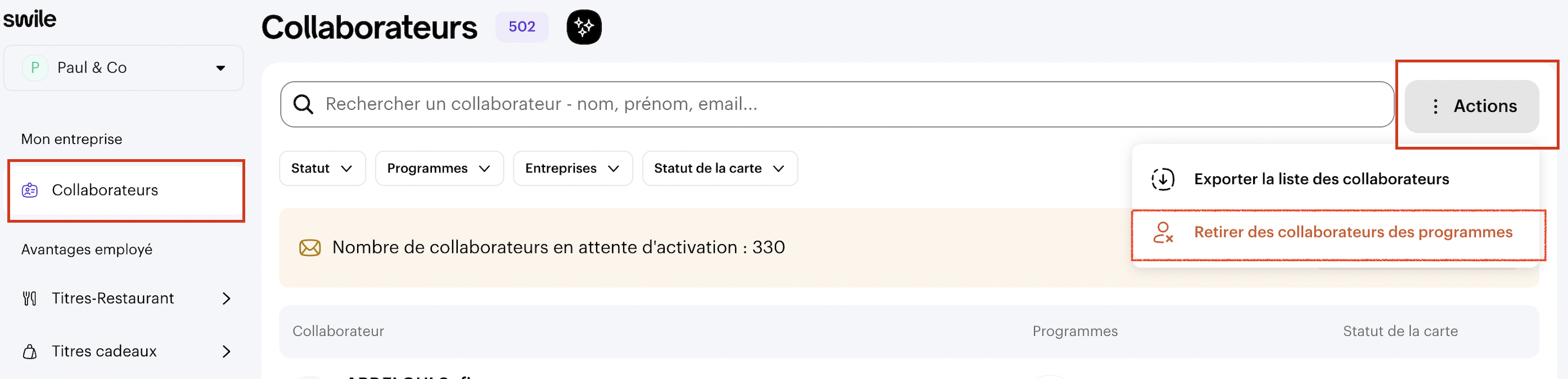 Actions menu in the Employees tab