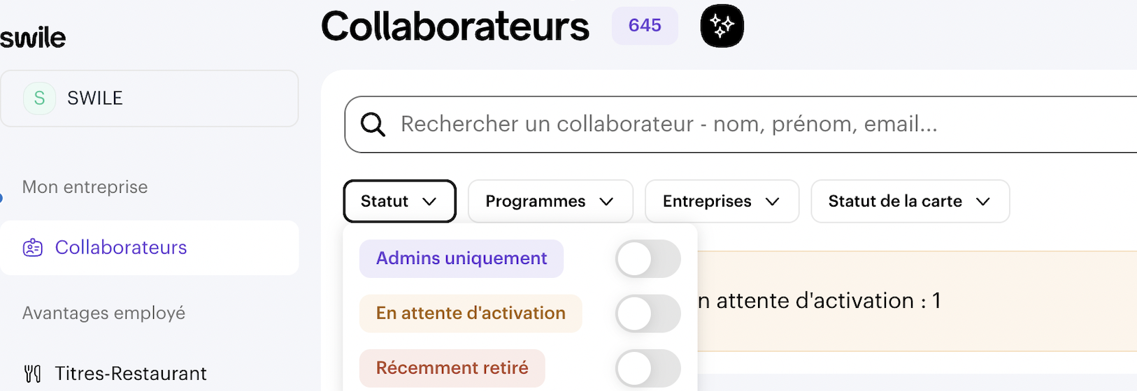 Status filter with the Recently removed option