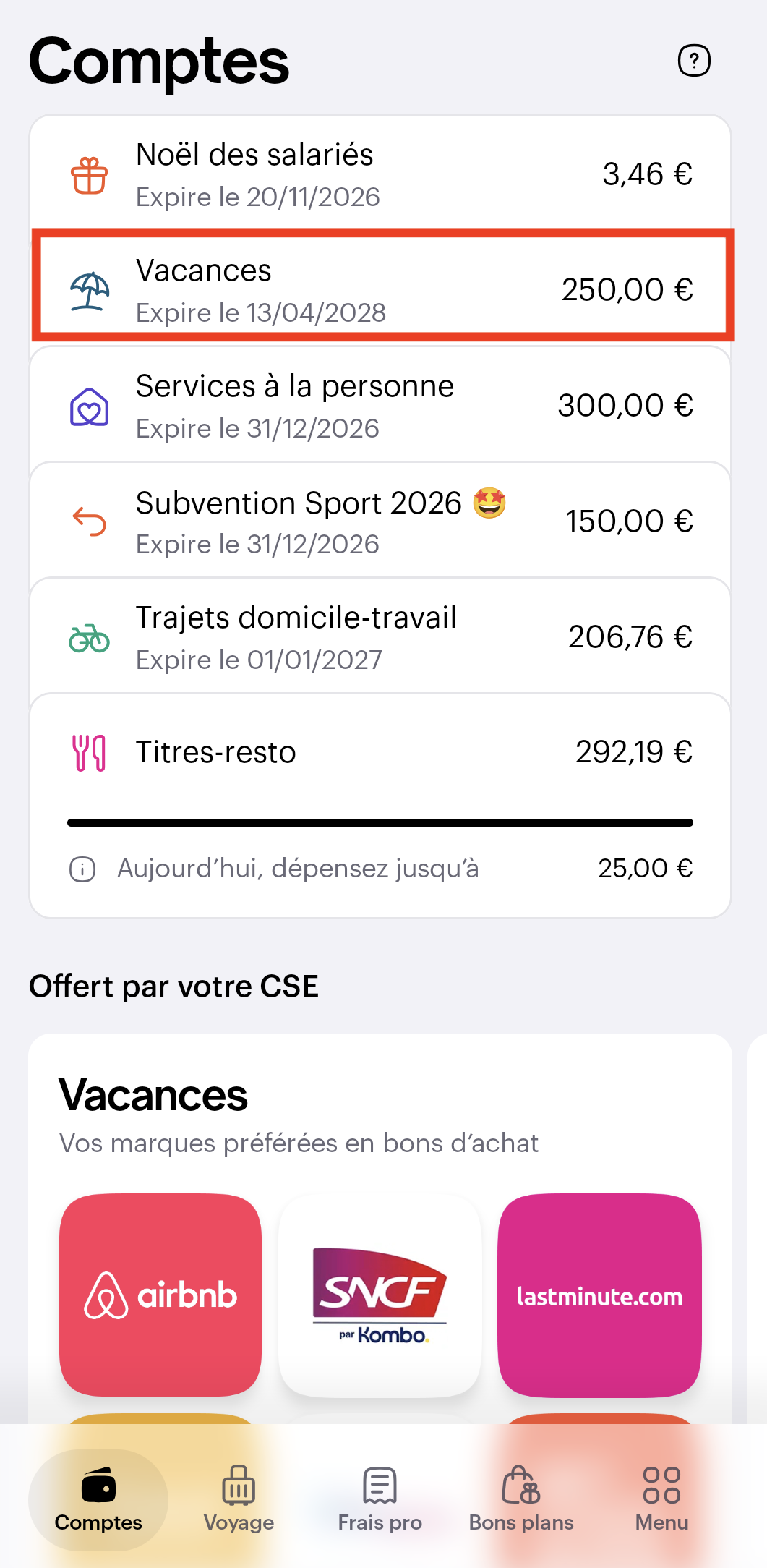 Sélection du compte vacances dans l'application Swile