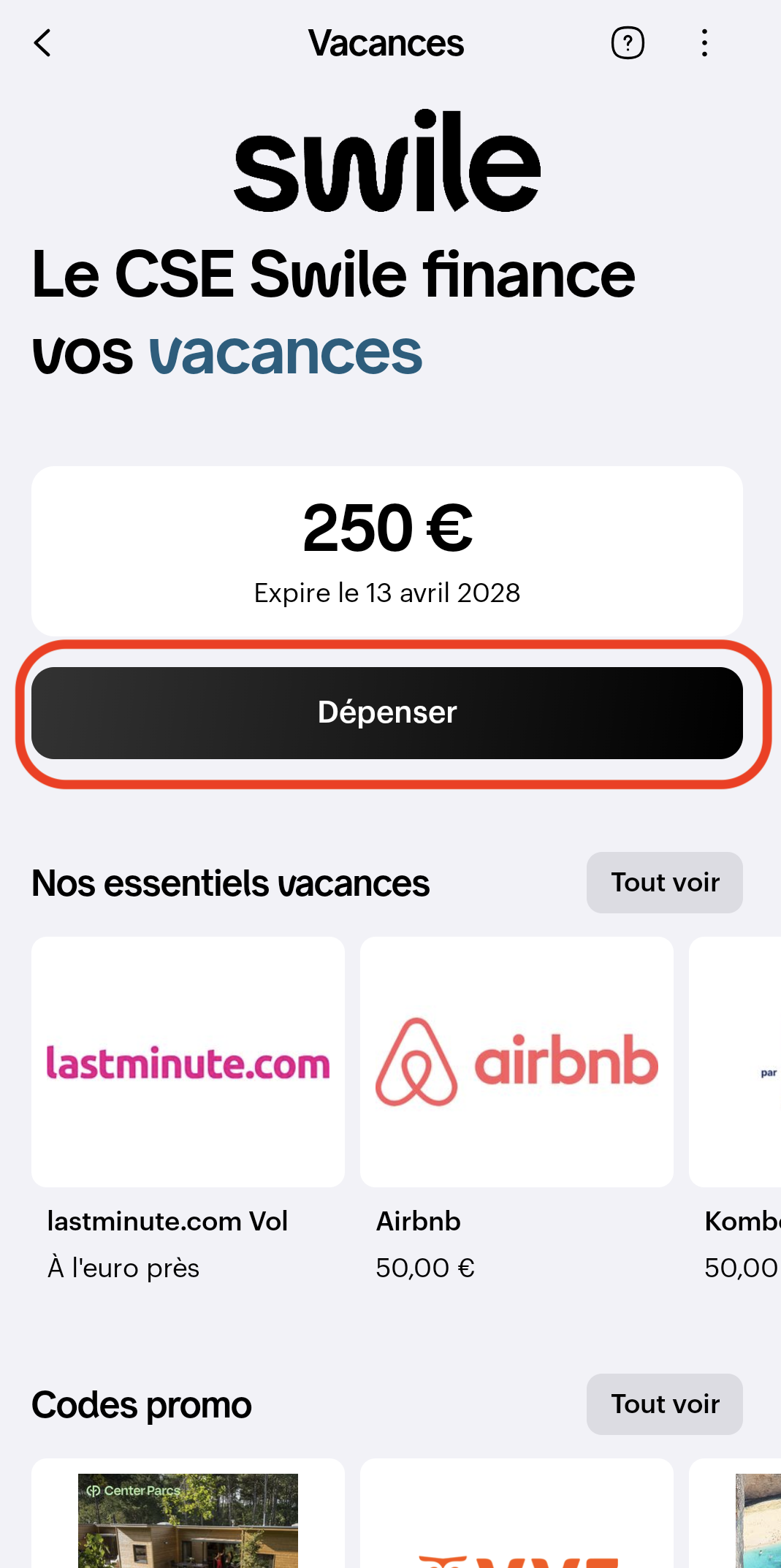 Bouton Dépenser dans l'application Swile