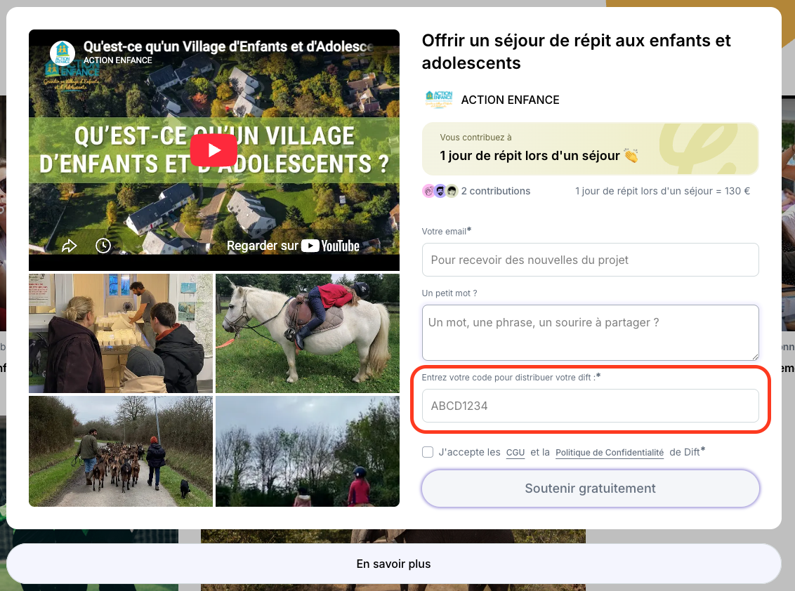 Validation du don sur Dift avec le code du e-billet