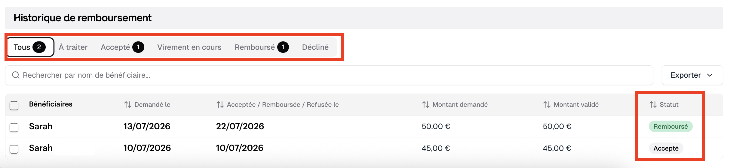 Encart Historique de remboursement d'une subvention Remboursement sur facture
