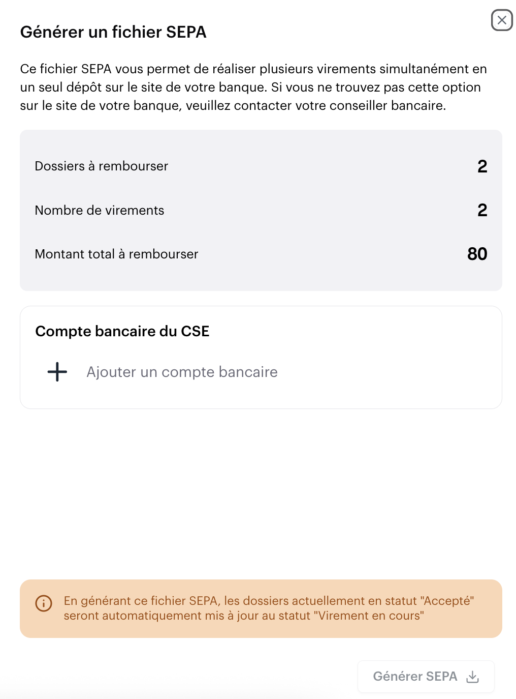 Formulaire de saisie du compte bancaire du CSE (Titulaire, IBAN, BIC)