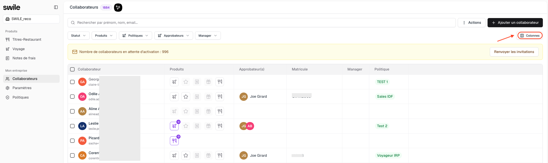 Menu Colonnes puis Champs analytiques dans l'onglet Collaborateurs sur Swile Travel