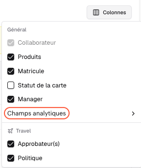 Sélection de Champs analytiques dans le menu Colonnes sur Swile Travel
