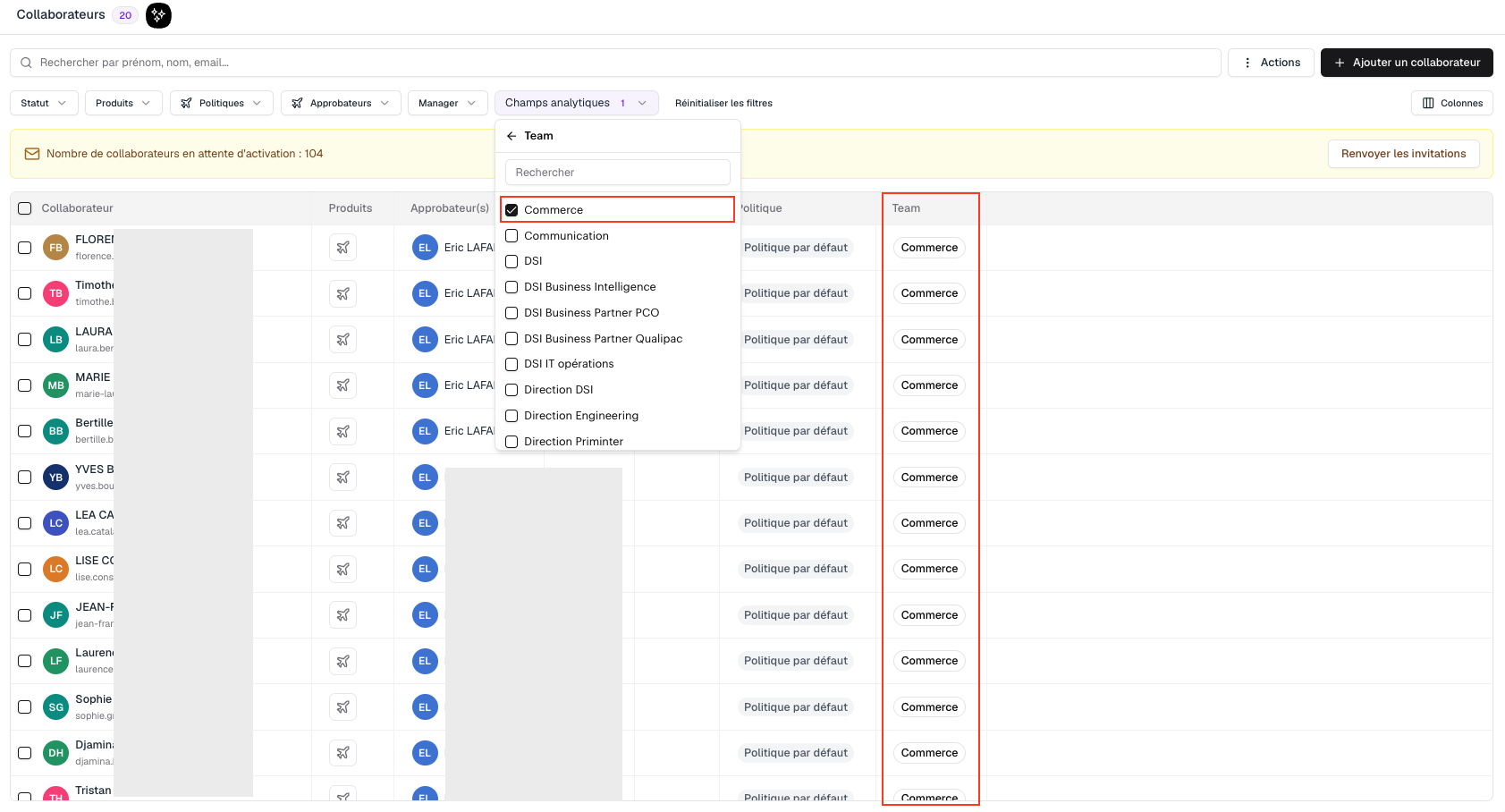 Filtre par champ analytique correspondant à une ancienne équipe sur Swile Travel