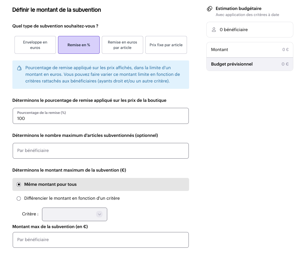 Paramétrage d'une remise en pourcentage pour une subvention boutique Swile