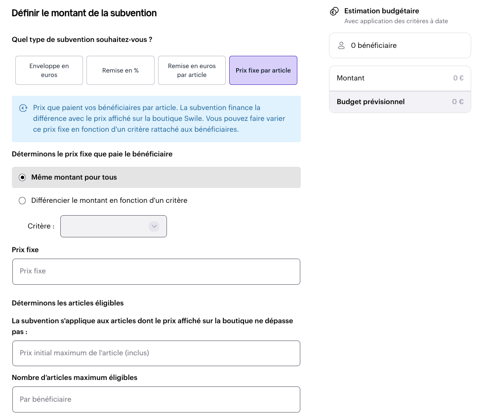 Paramétrage d'un prix fixe par article pour une subvention boutique Swile