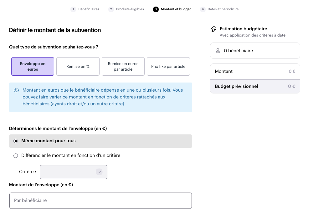 Paramétrage d'une enveloppe en euros pour une subvention boutique Swile