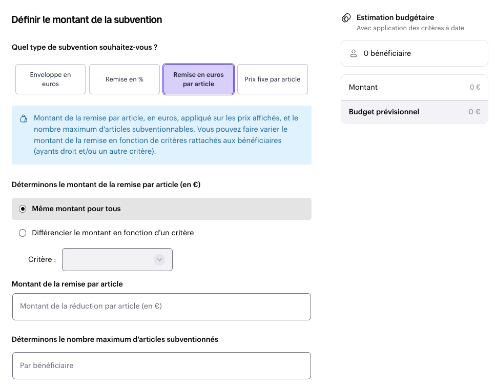 Paramétrage d'une remise en euros par article pour une subvention boutique Swile