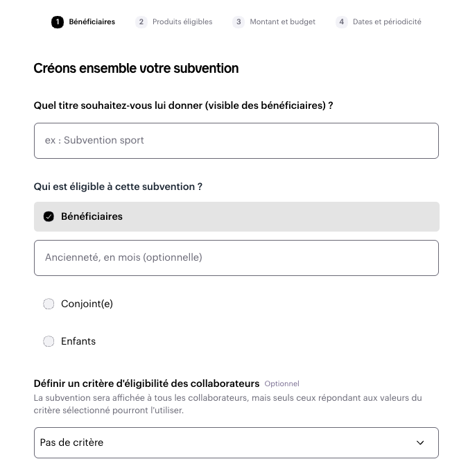 Pantalla de definición de beneficiarios de una subvención en la tienda Swile
