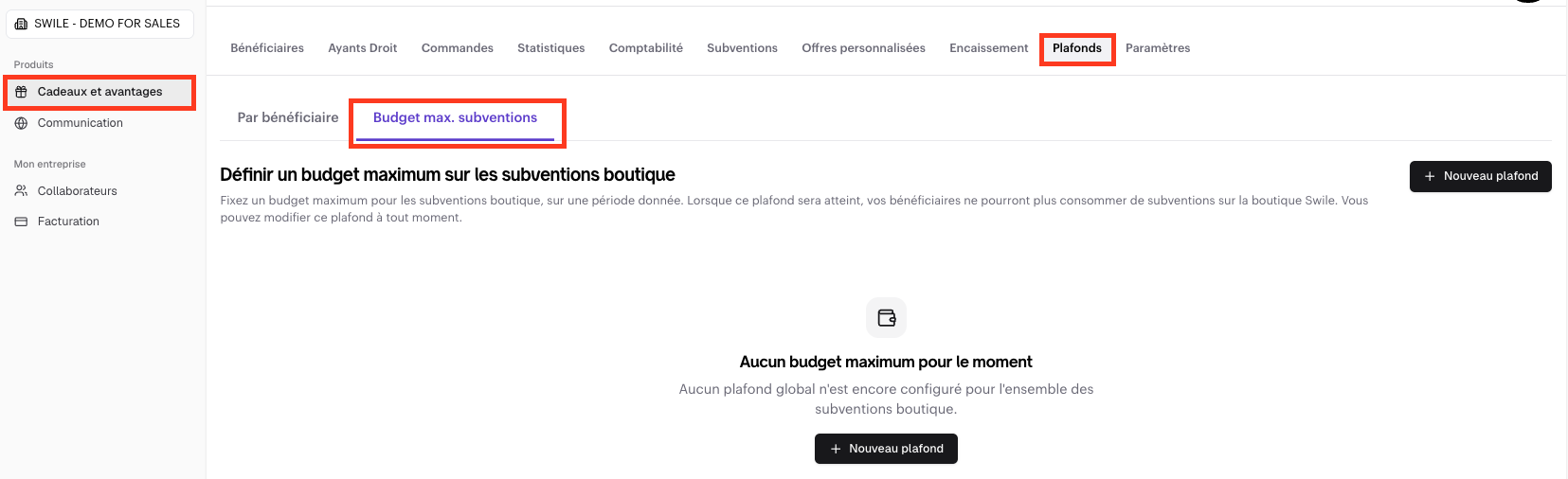 Écran de création d'un budget global (Budget max. subventions) sur les subventions boutique Swile