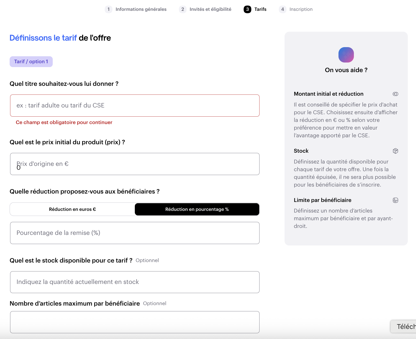 Partie Tarifs d'une offre personnalisée de type Produit Swile