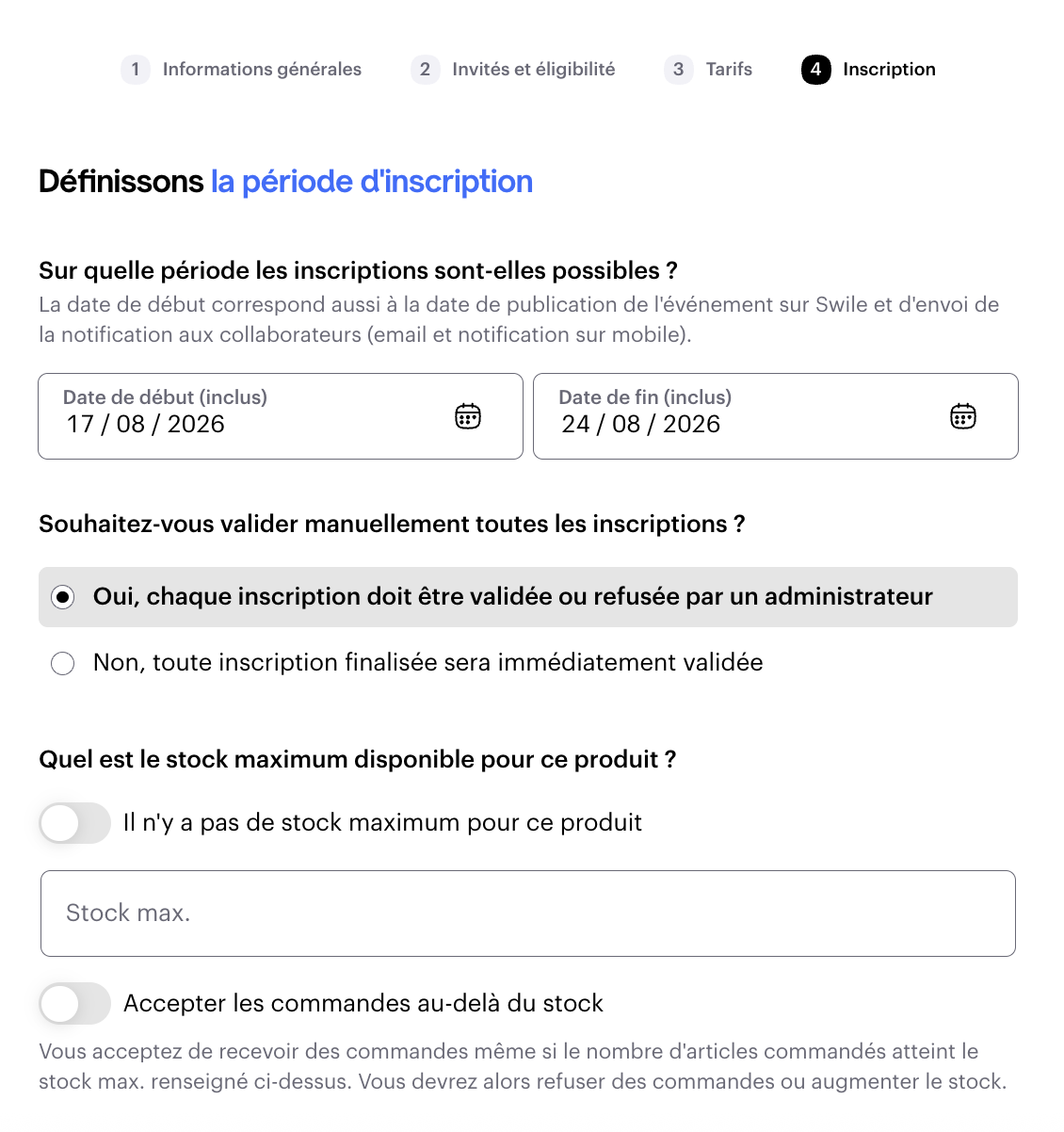 Partie Inscription d'une offre personnalisée de type Produit Swile