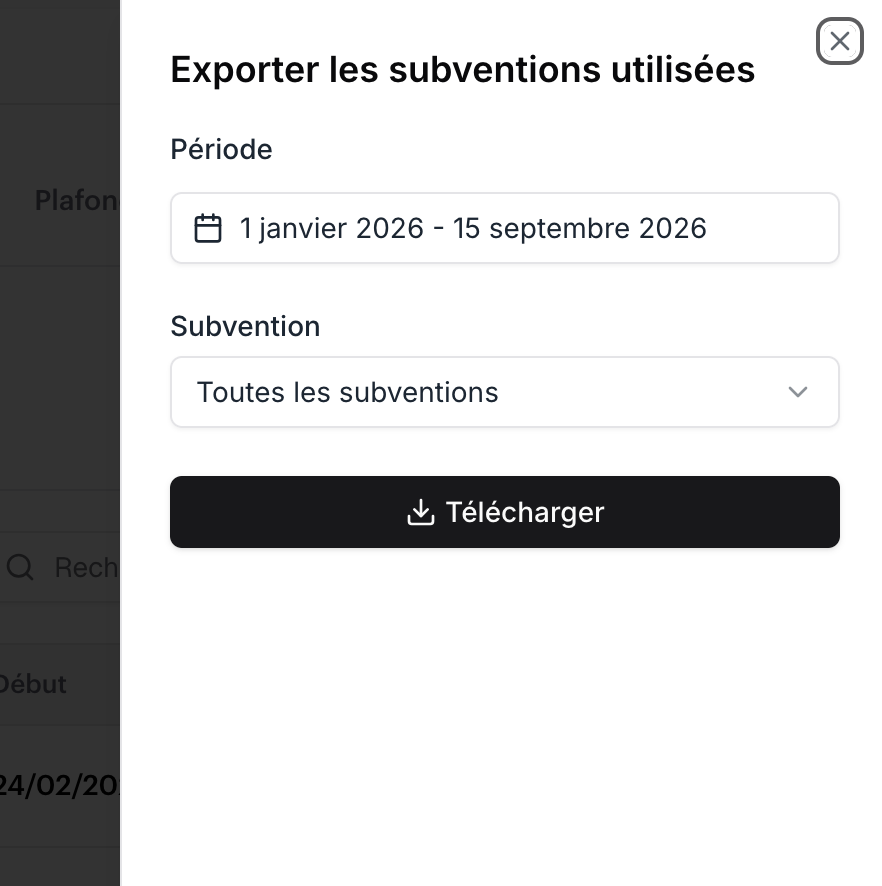 Bouton Exporter pour télécharger le fichier CSV des subventions boutique utilisées