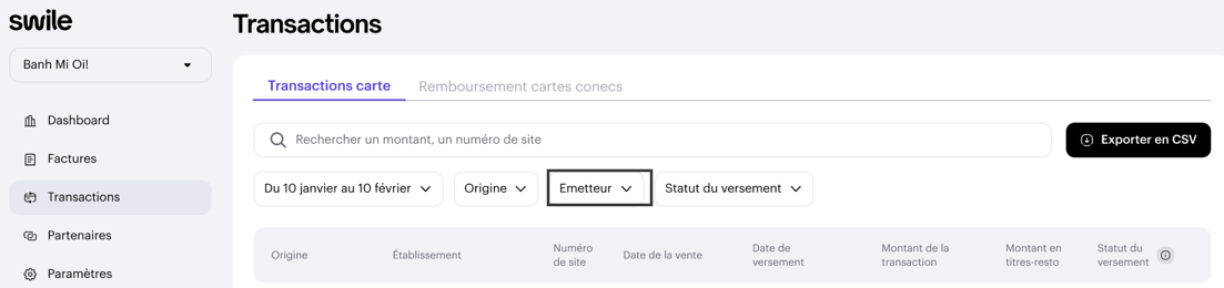Rubrique Transactions de l'espace affilié Swile avec le filtre Émetteur permettant de distinguer les cartes Swile et Bimpli.