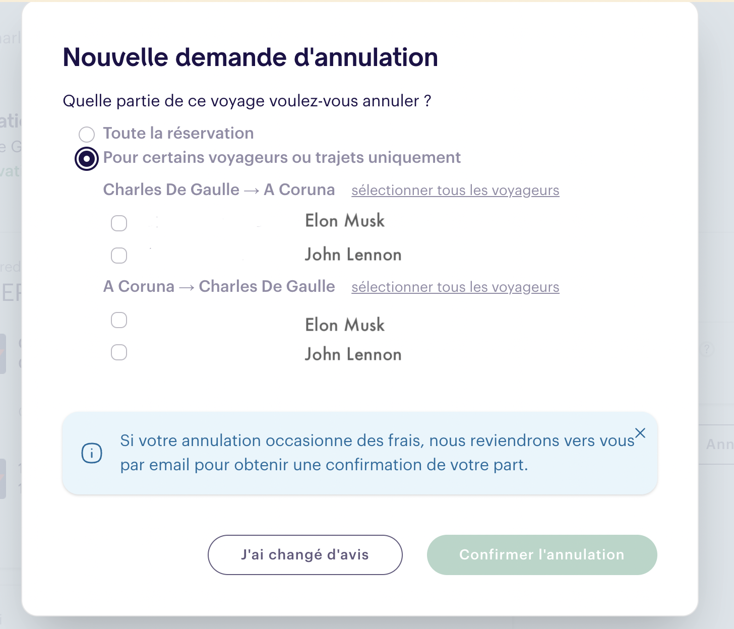 Option Annuler partiellement la réservation