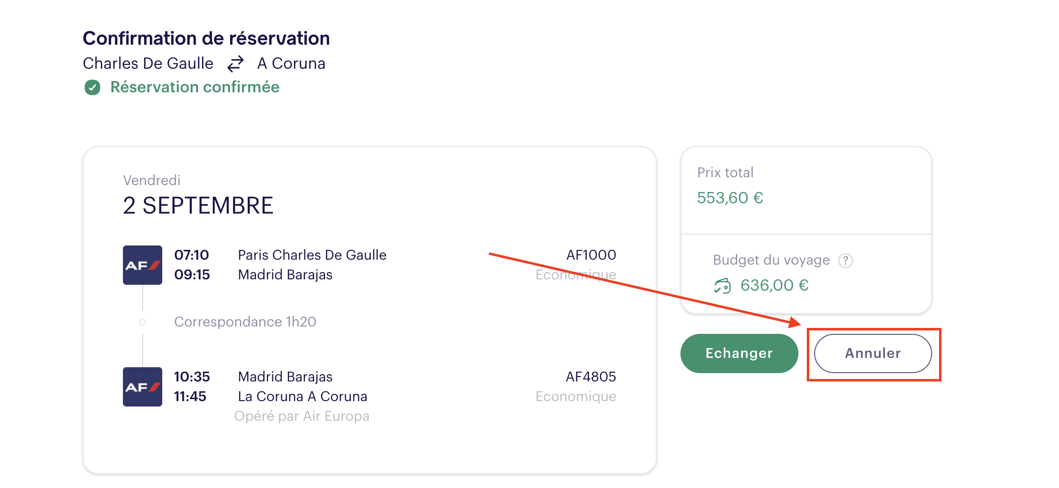 Cancel button on the booking page