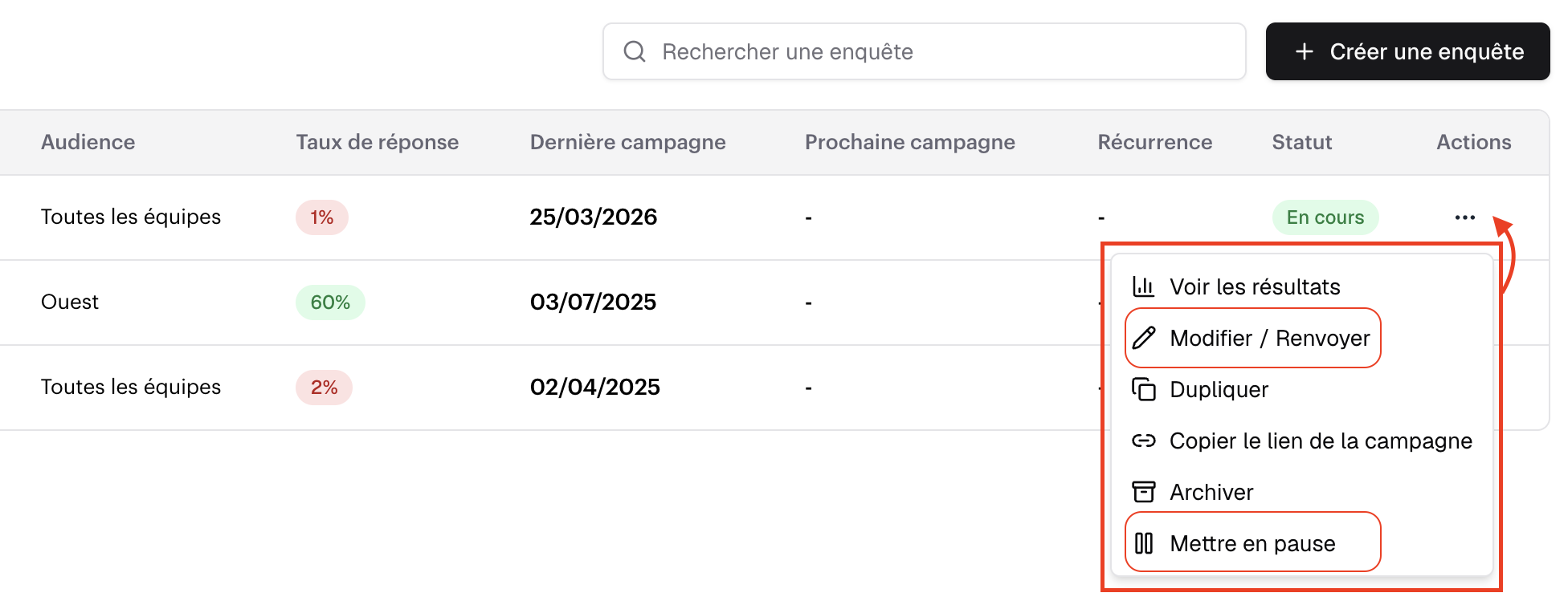 Menu des 3 points pour modifier ou mettre en pause une enquête