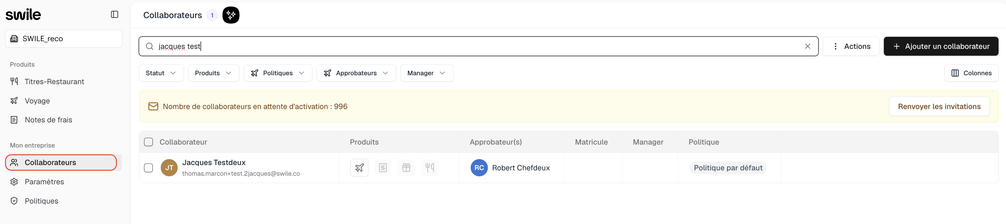 Swile Travel Employees tab with the list of employees