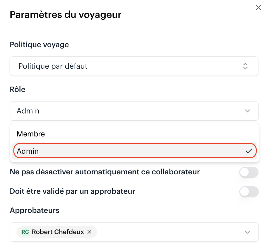 Selecting the Admin role in traveller settings
