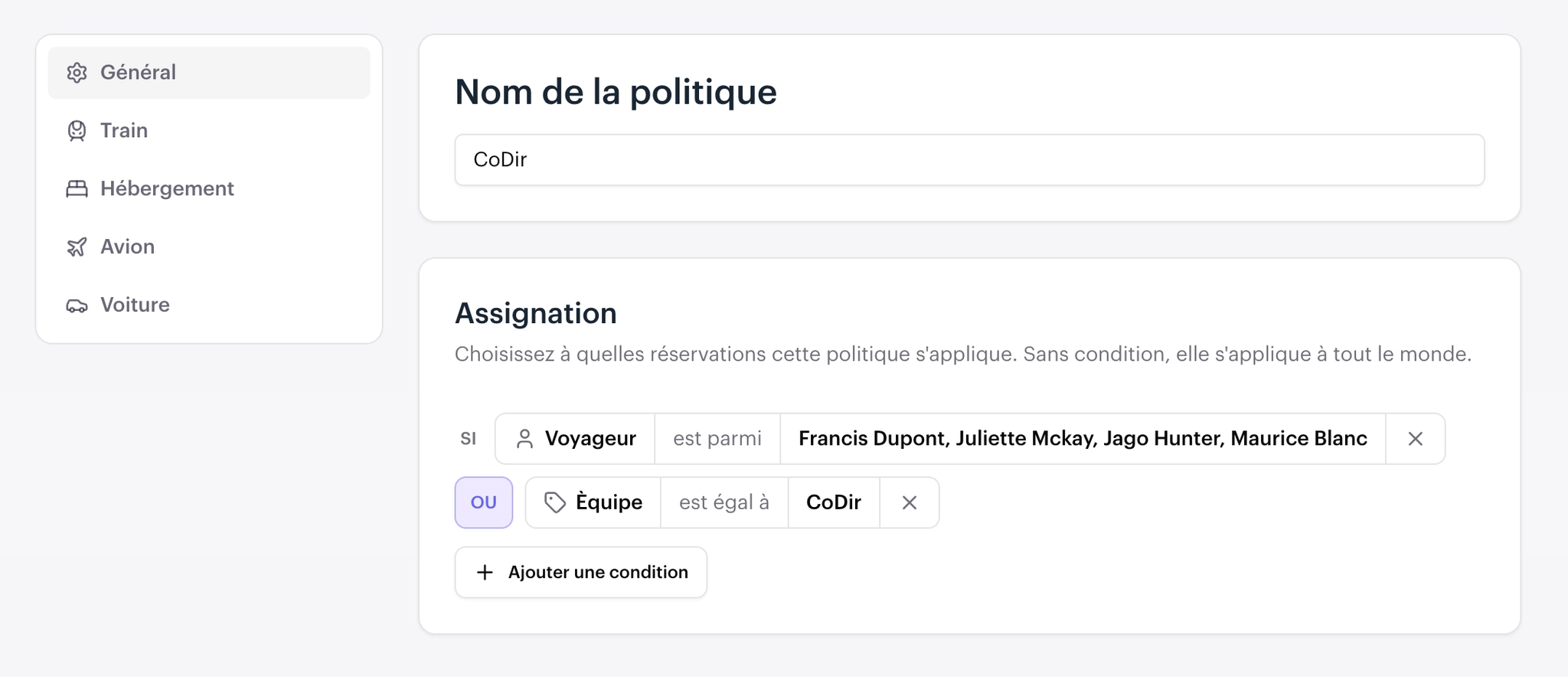 Critères d'assignation d'une politique