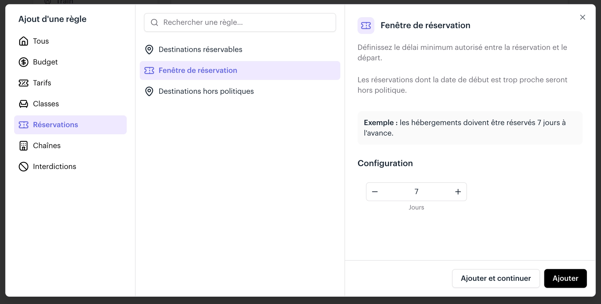 Paramétrage de la fenêtre de réservation